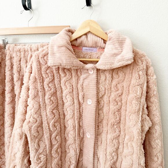 CHEIBEAR | Blush Light Pink Cableknit Style Fluffy Lounge Set Soft Plush | Large - Picture 5 of 11